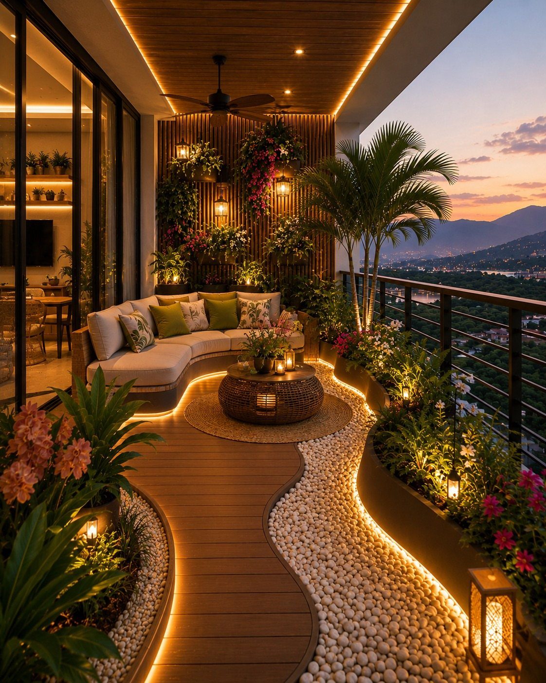 Curved outdoor sofa and wicker table on a lit rooftop patio with tropical plants.
