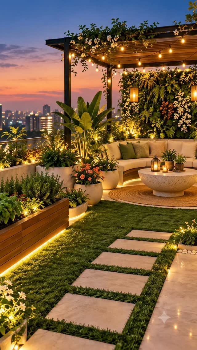 Lush rooftop garden with green walls, potted plants, and a cozy lounge area.