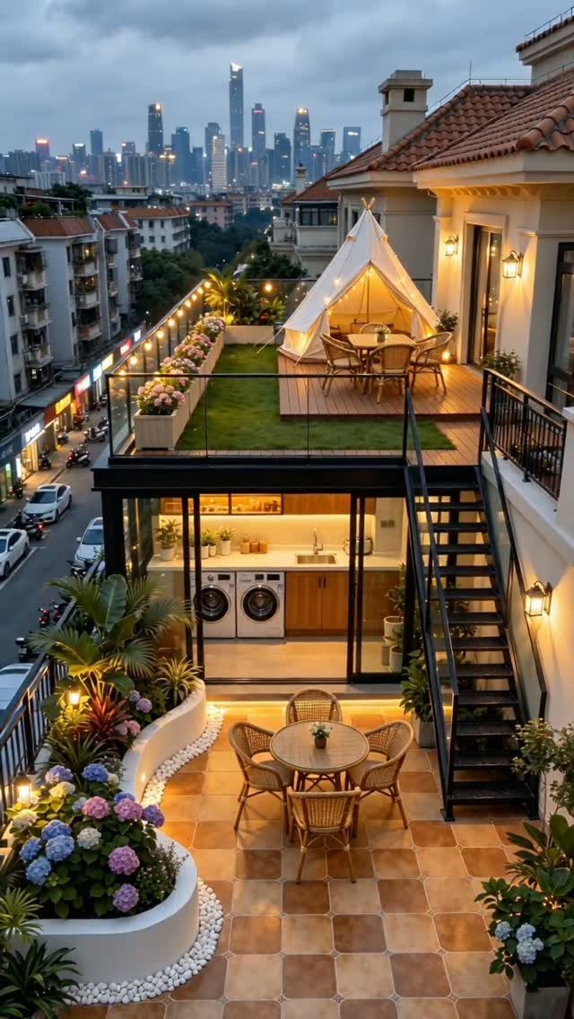 Rooftop patio with a dining area, bell tent, and city skyline background.