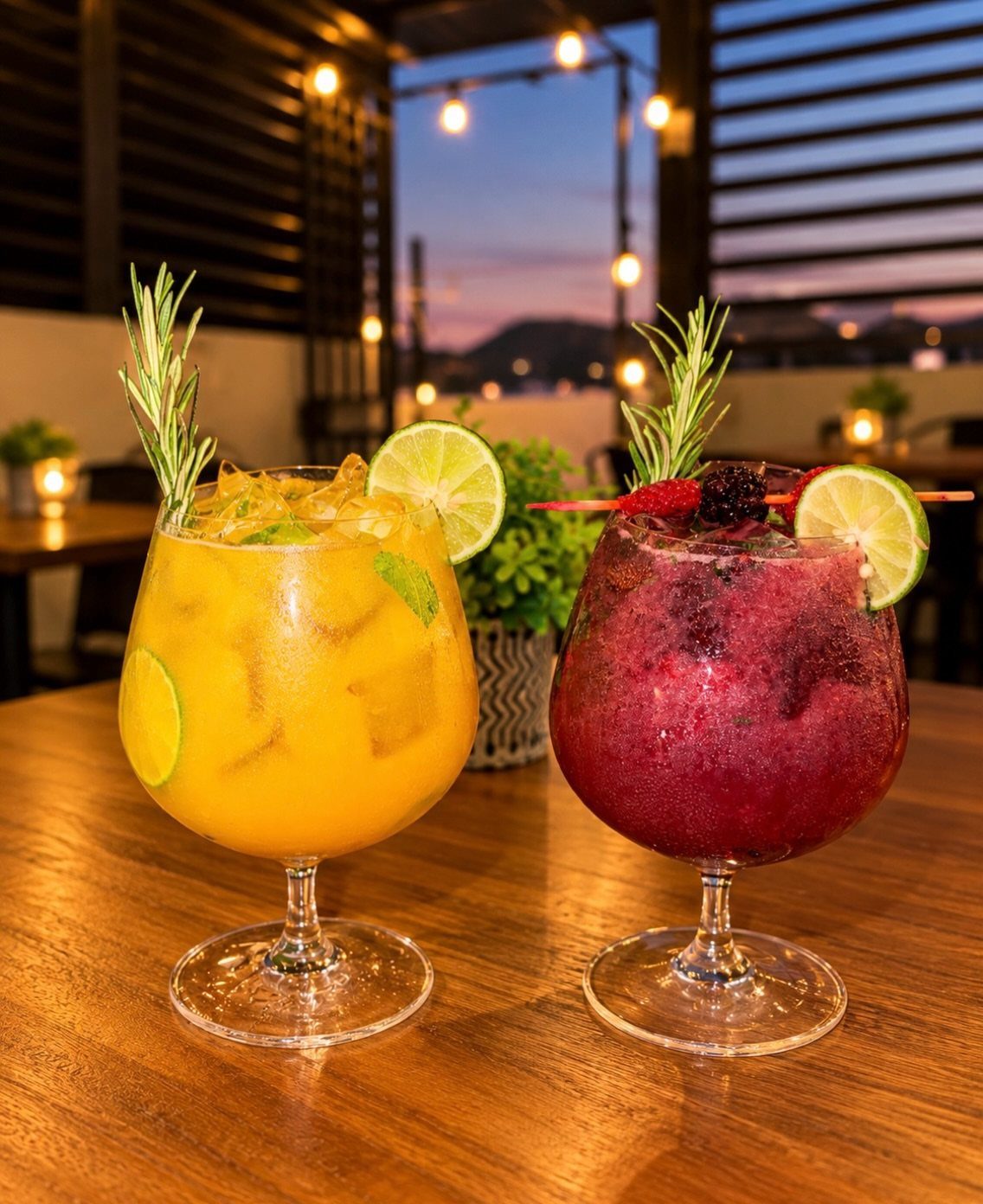 Two colorful craft cocktails with lime and rosemary garnishes on a rooftop terrace.