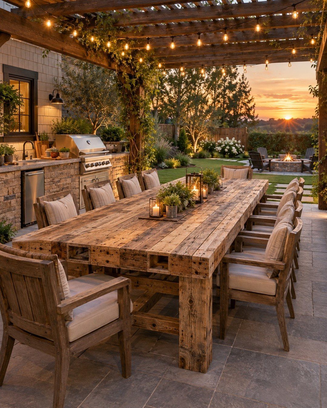 Rustic wood dining table with chairs under a wooden pergola with string lights.