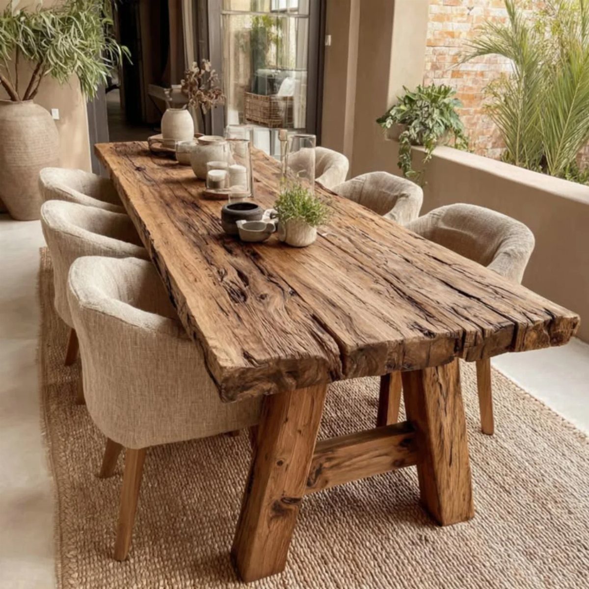 Rustic wooden dining table with live edge and beige chairs on a patio rug