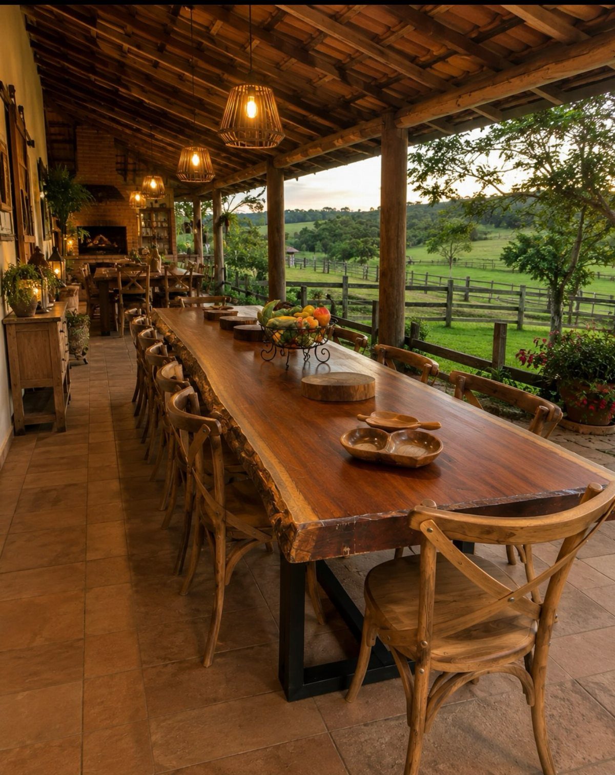 Long rustic live edge wooden dining table with chairs on a covered patio.