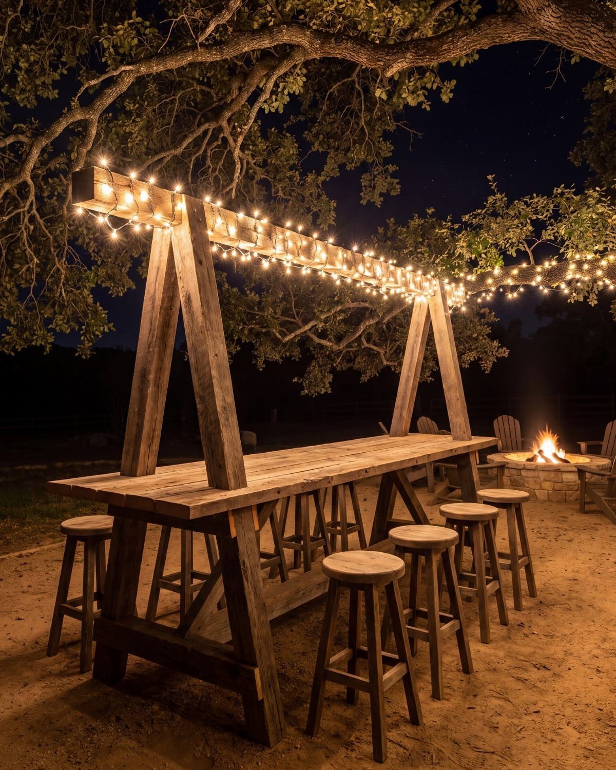 Rustic wooden outdoor dining table with stools and overhead string lights at night