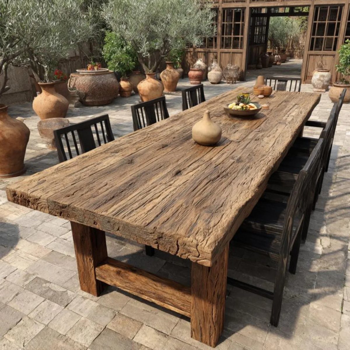 Rustic wooden outdoor dining table with dark chairs on a stone patio.