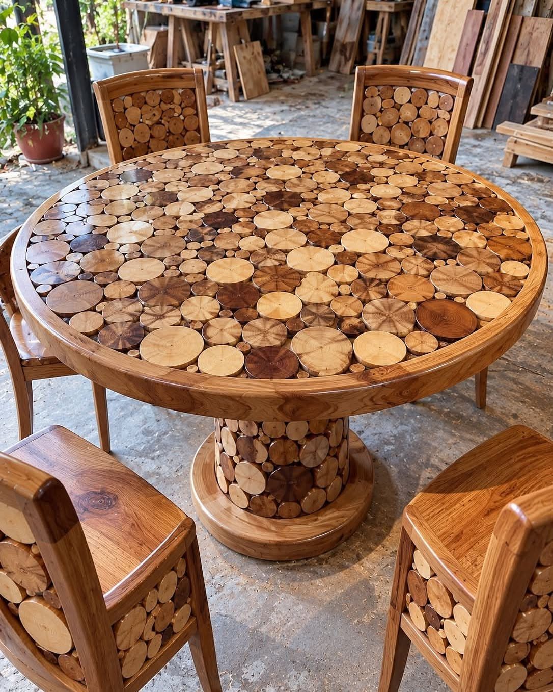 Round rustic wood dining table and chairs featuring a polished branch slice inlay design.