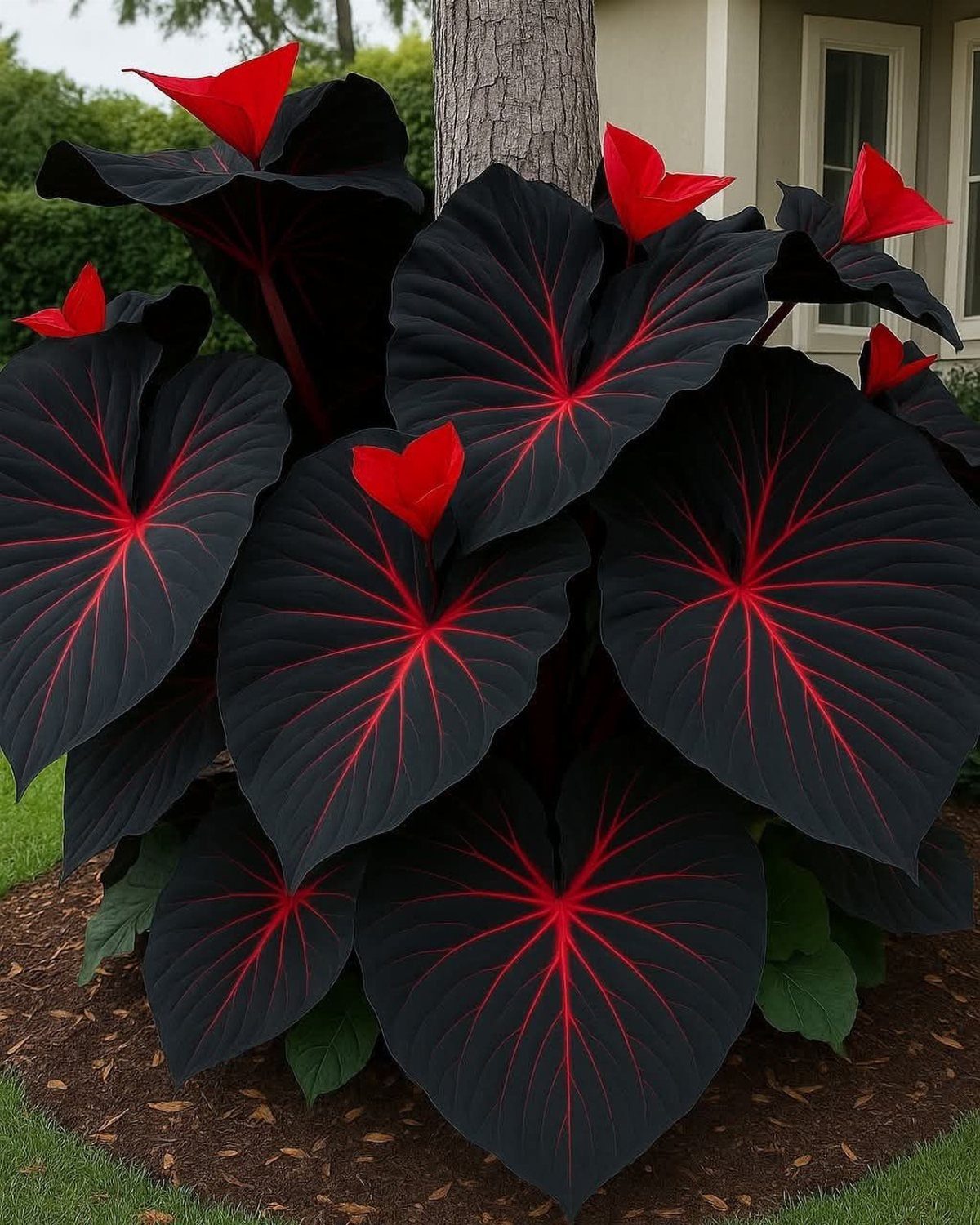 Black Caladium leaves with vibrant red veins and red flowers in a garden.