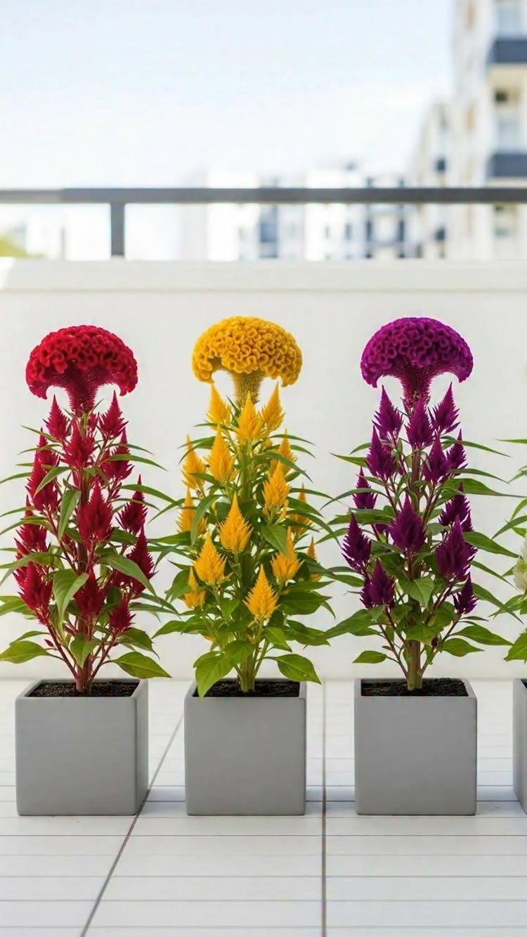 Red, yellow, and purple celosia plants in grey square pots on a balcony.