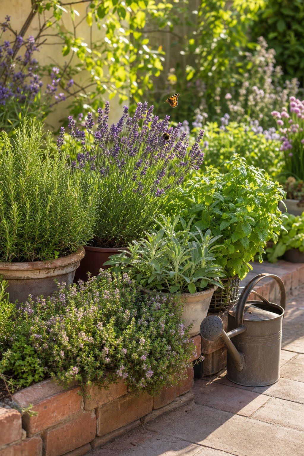 Potted herbs including lavender and rosemary on a brick ledge with a watering can.