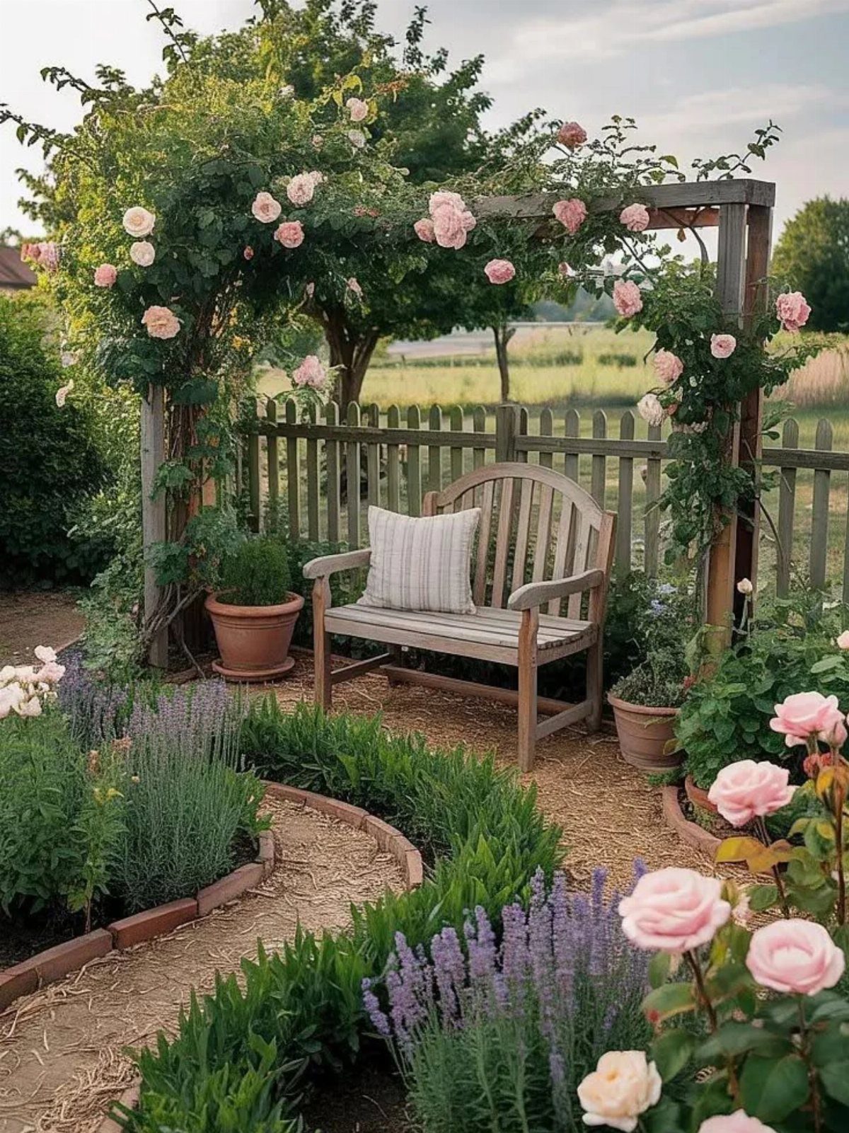Wooden garden bench with a pillow under a rose pergola along a winding path