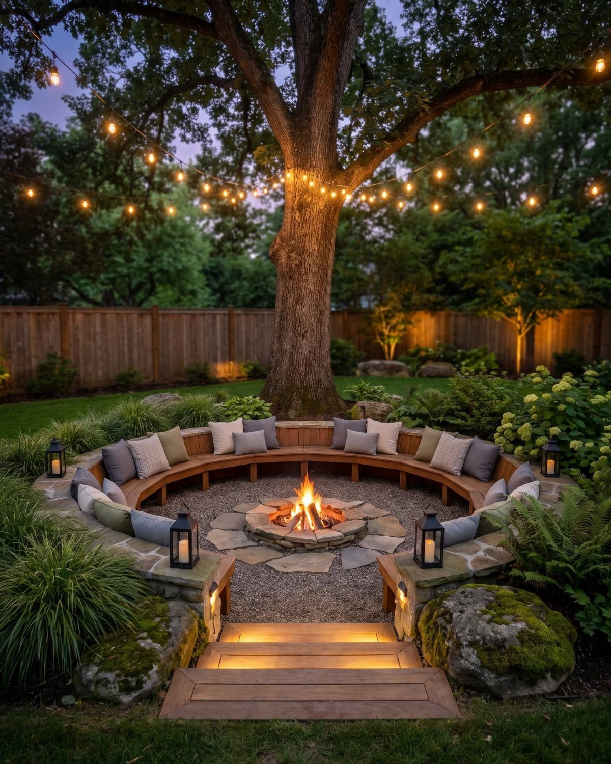 Circular sunken fire pit with wooden seating and string lights under a large tree.
