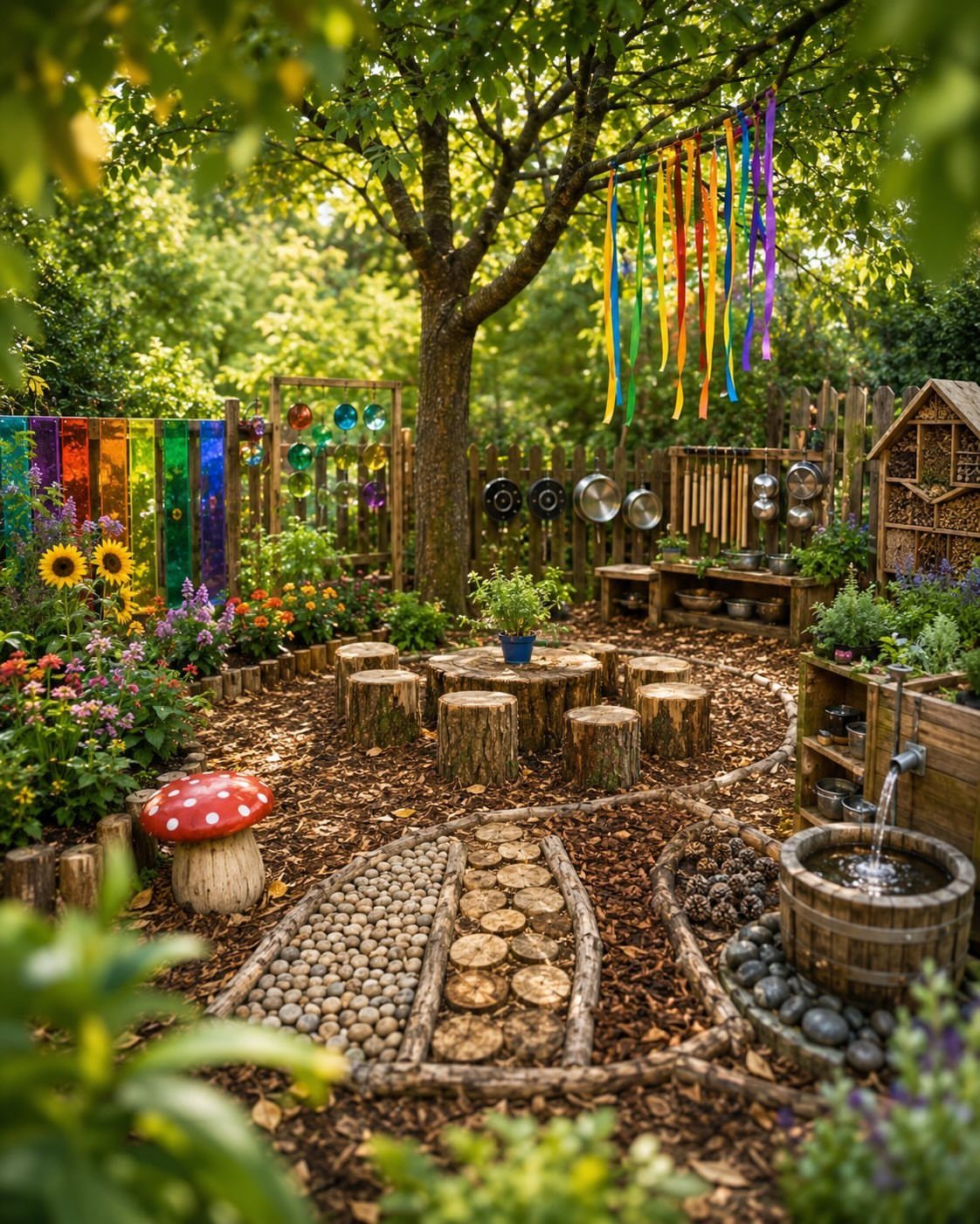 Sensory garden with colorful ribbons, a water fountain, and a textured stone path.