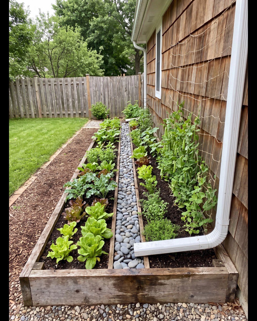 Wooden raised garden bed with green vegetables and a central stone path.