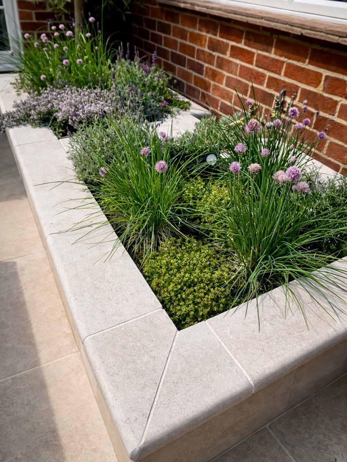 Raised stone garden bed with purple alliums, lavender, and green groundcover plants.