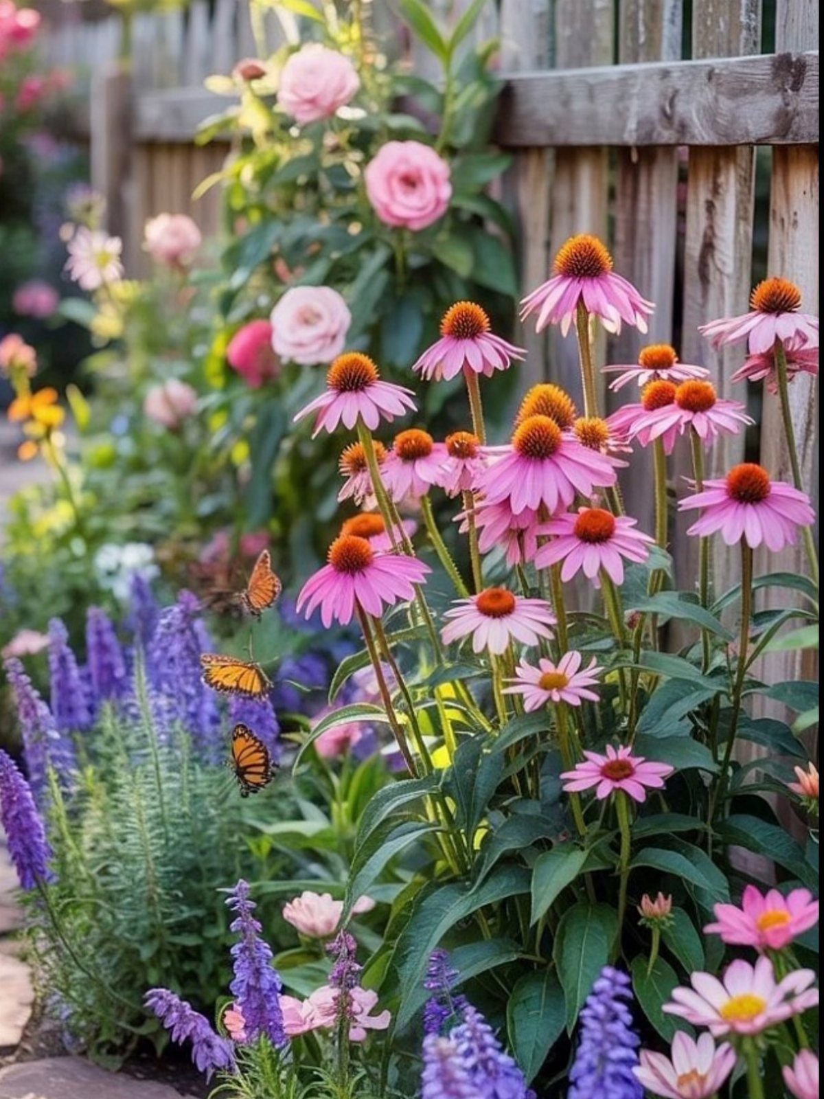 Pink coneflowers and purple salvia with monarch butterflies fluttering in a sunny garden.