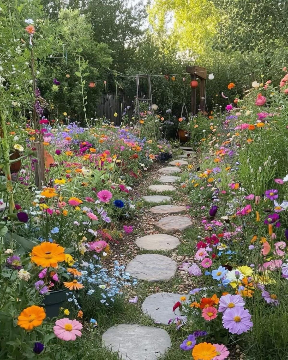 Winding stone path through a vibrant garden filled with red, yellow, and orange flowers.