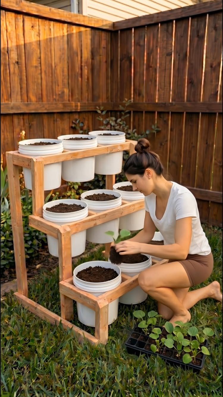 Woman planting seedlings into white buckets on a tiered wooden garden stand.