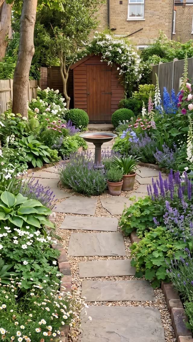 Stone garden path with deep planting borders featuring purple and white flowers