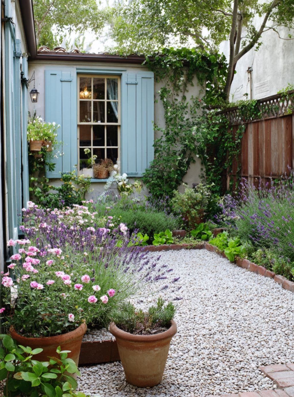 Gravel path in a small garden with purple lavender and blue shutters.