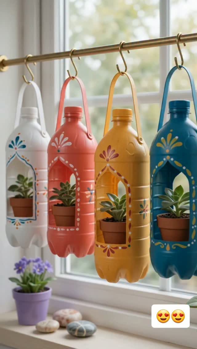 Colorful repurposed plastic bottle hanging planters with small green plants inside.
