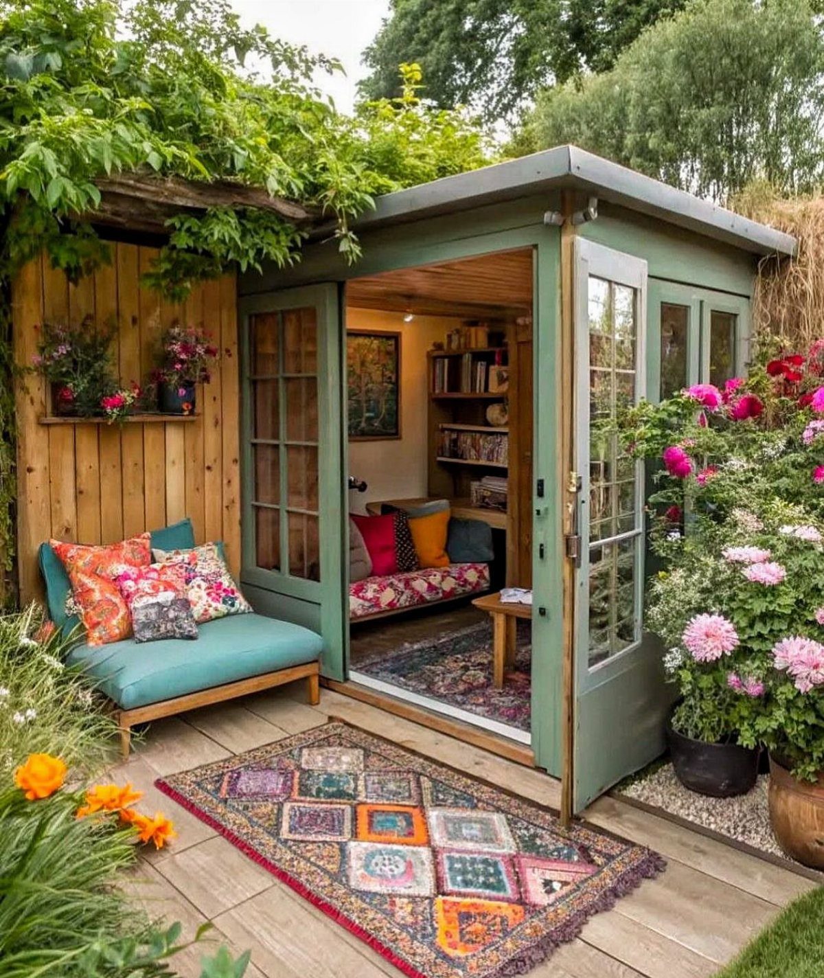 Colorful patterned outdoor rug on a wooden deck next to a green garden shed.