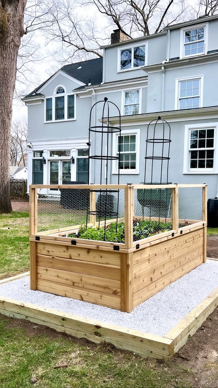Wooden raised garden bed with wire fencing and tomato cages in a backyard.
