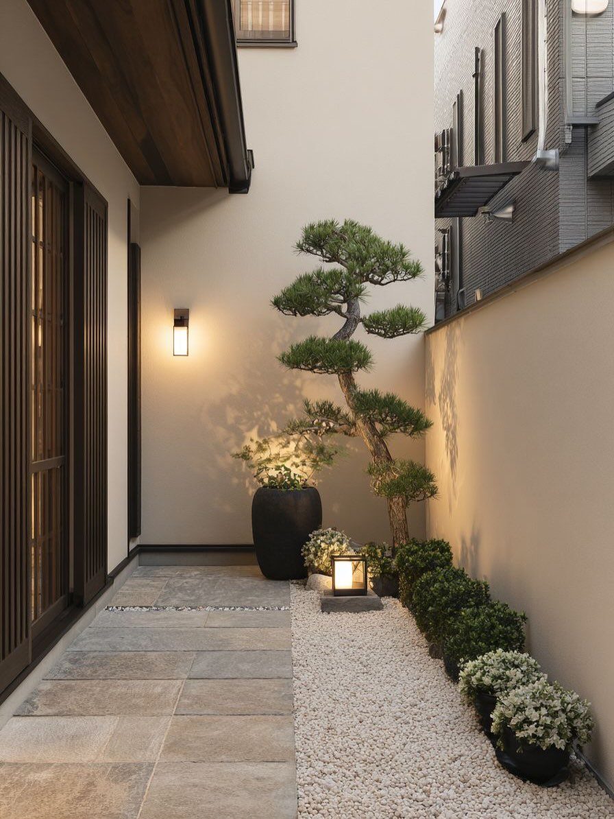 Sculpted pine tree and small shrubs in a minimalist gravel garden with stone tiles.