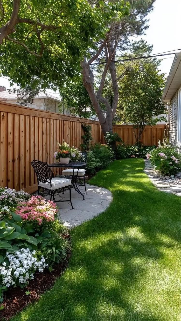 Wooden fence bordering a small garden with a bistro set and green lawn.