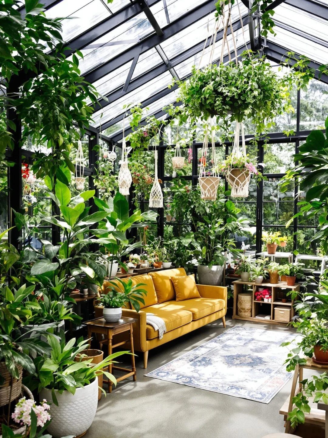Yellow sofa and rug inside a glass greenhouse filled with lush green plants.