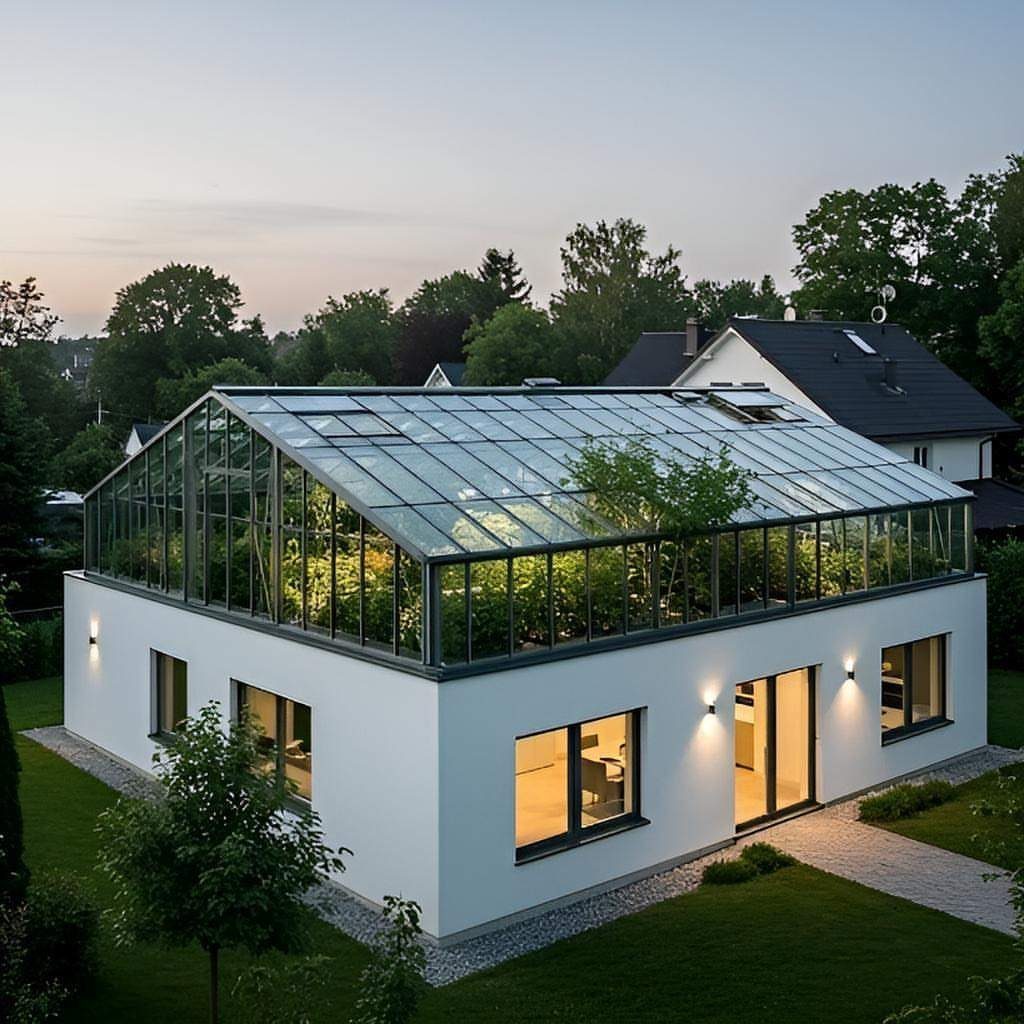 Modern white house with a large glass greenhouse integrated into the roof structure.
