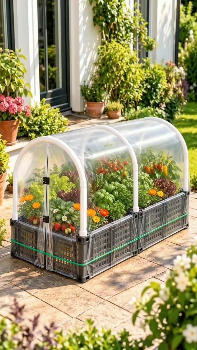 Mini plastic greenhouse cover over black crates with flowering plants on a stone patio.