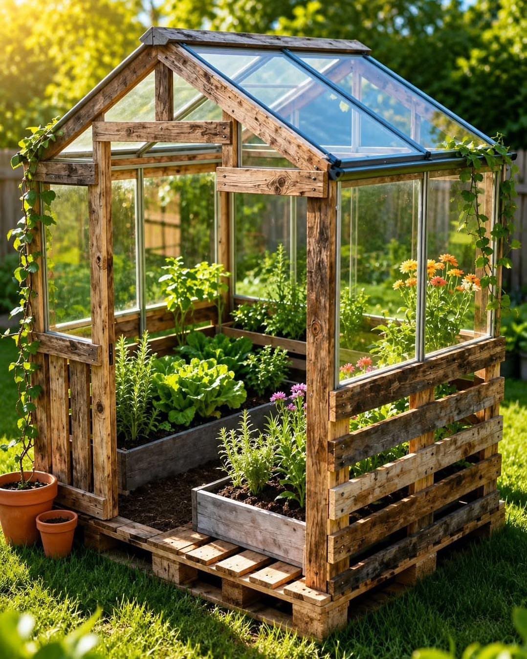 Small wooden and glass greenhouse with raised garden beds on a pallet base.