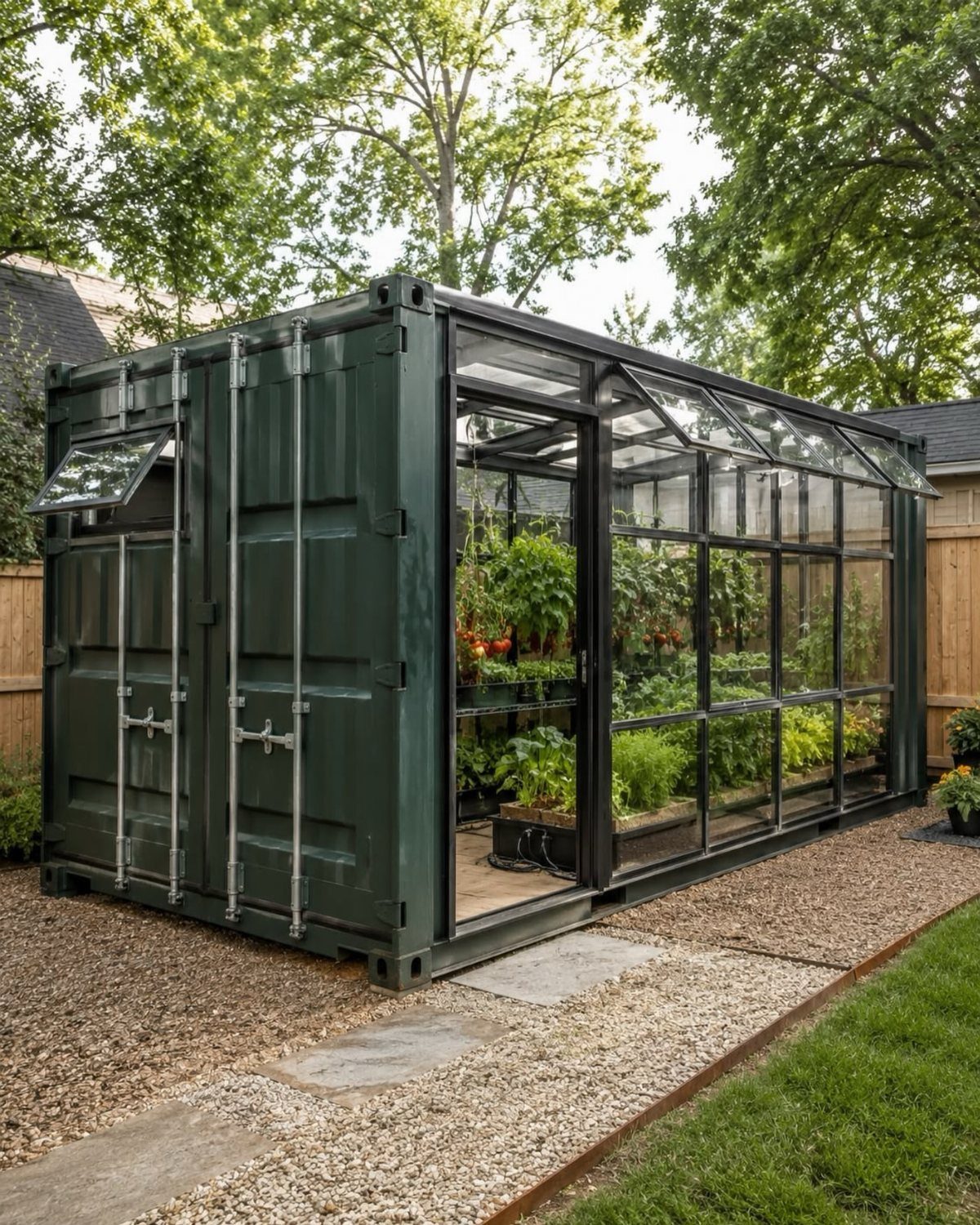 Dark green shipping container greenhouse with glass walls and interior plants on gravel.