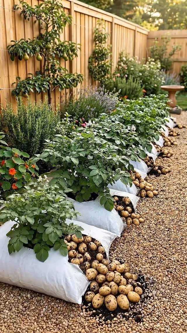 White fabric grow bags with potato plants and harvested potatoes on gravel path.