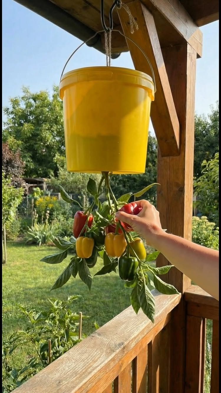 Hanging yellow bucket planter with colorful peppers on a wooden porch
