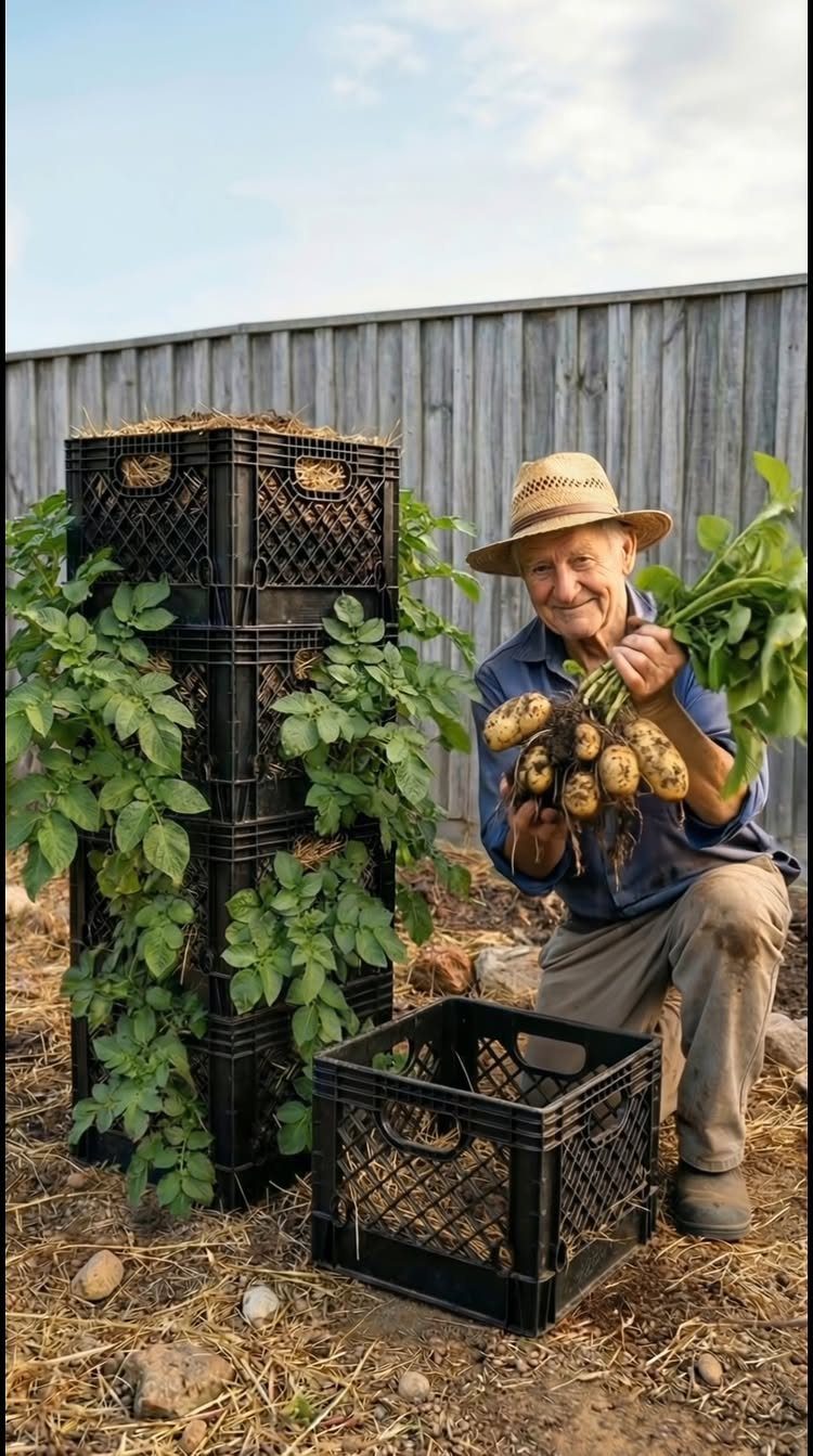 Man holding harvested potatoes next to a vertical black crate vegetable garden tower.