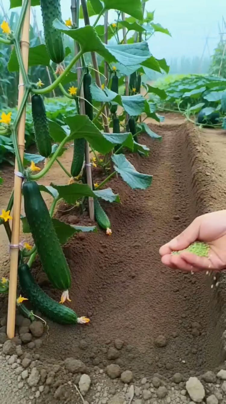 Hand sowing seeds in soil next to cucumber plants growing on bamboo trellises.