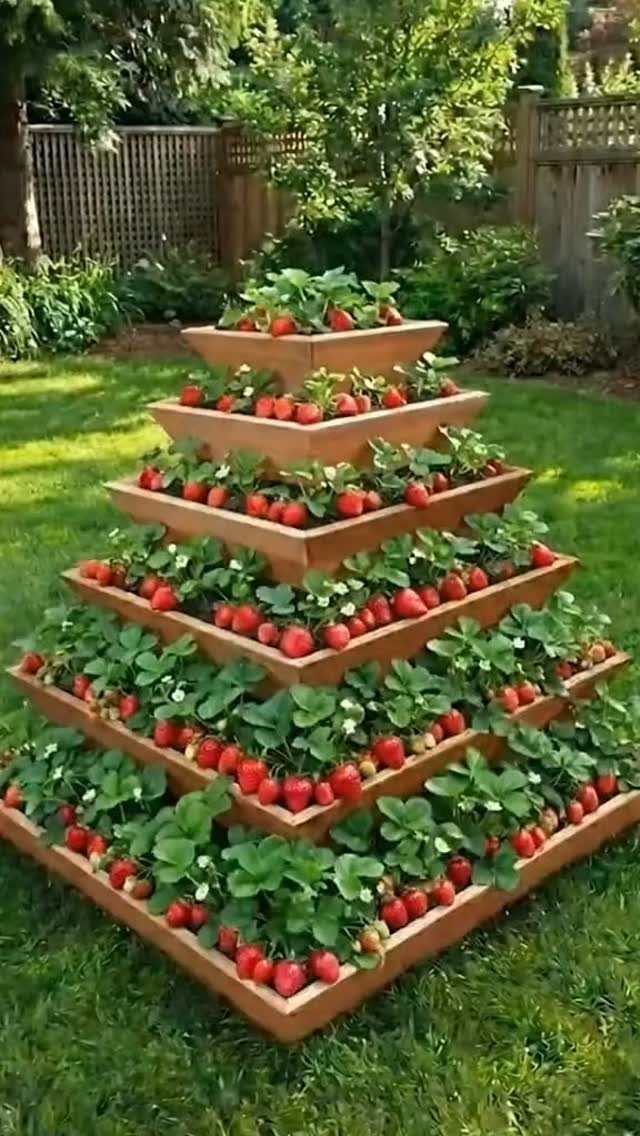 Pyramid-shaped tiered wooden planter filled with ripe red strawberries on a green lawn.