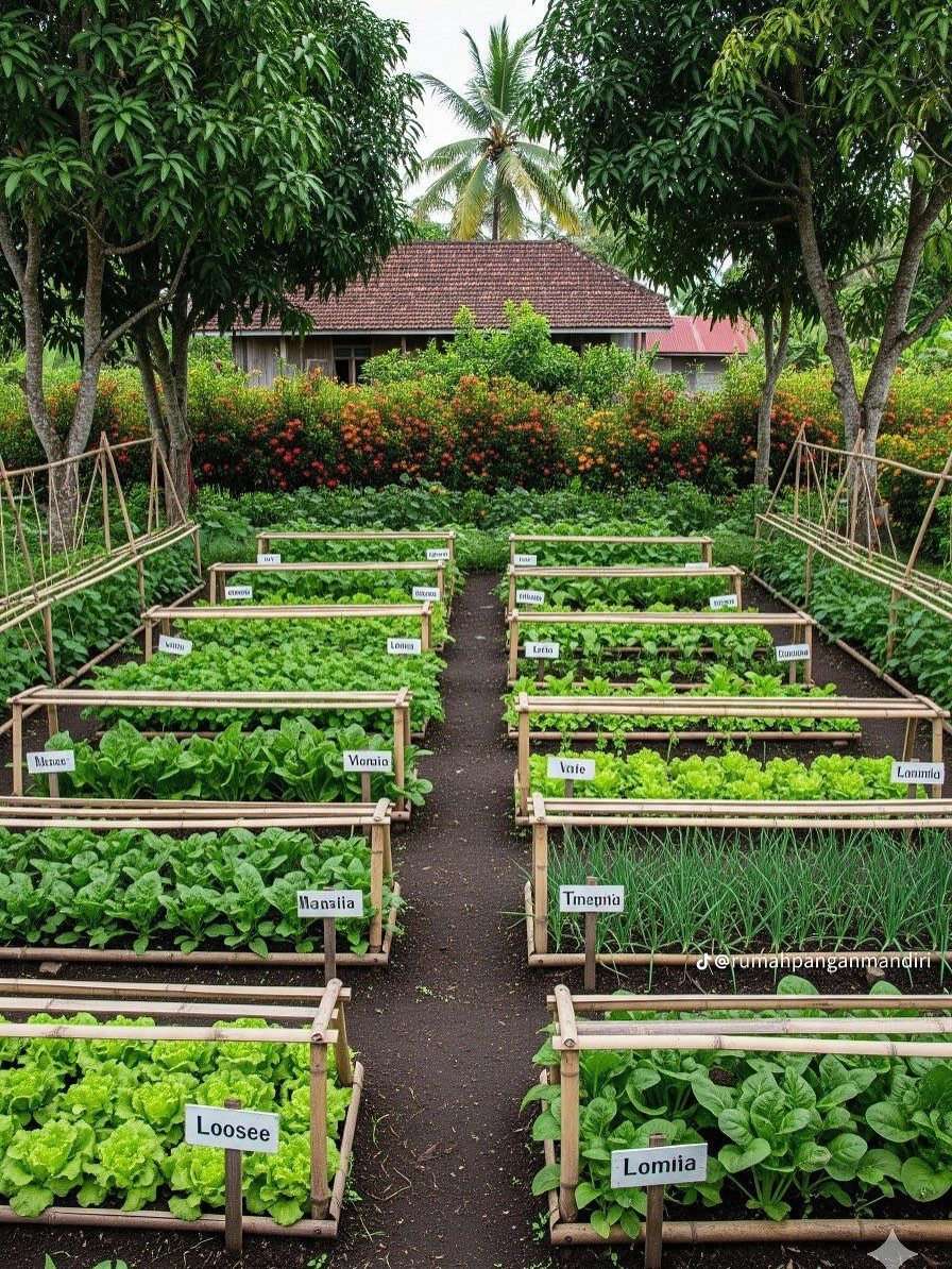 Raised wooden garden beds filled with various green leafy vegetables and identification labels.