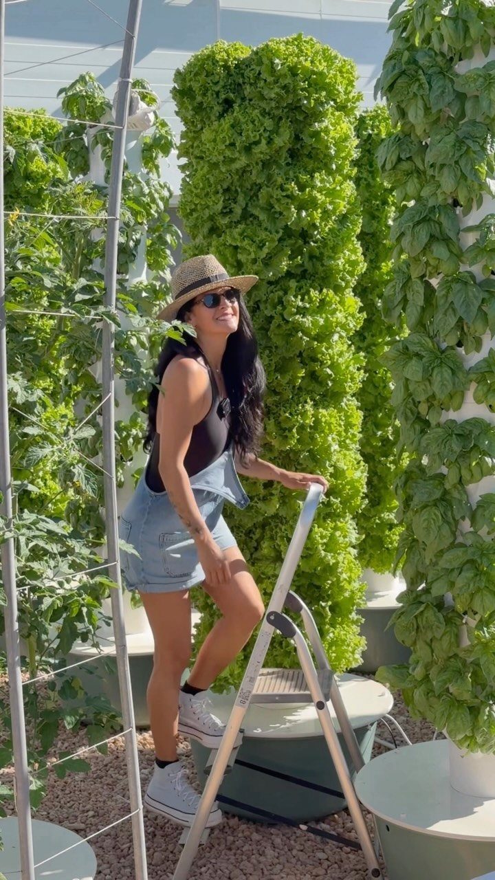 Woman on a ladder next to tall vertical hydroponic towers with green vegetables.