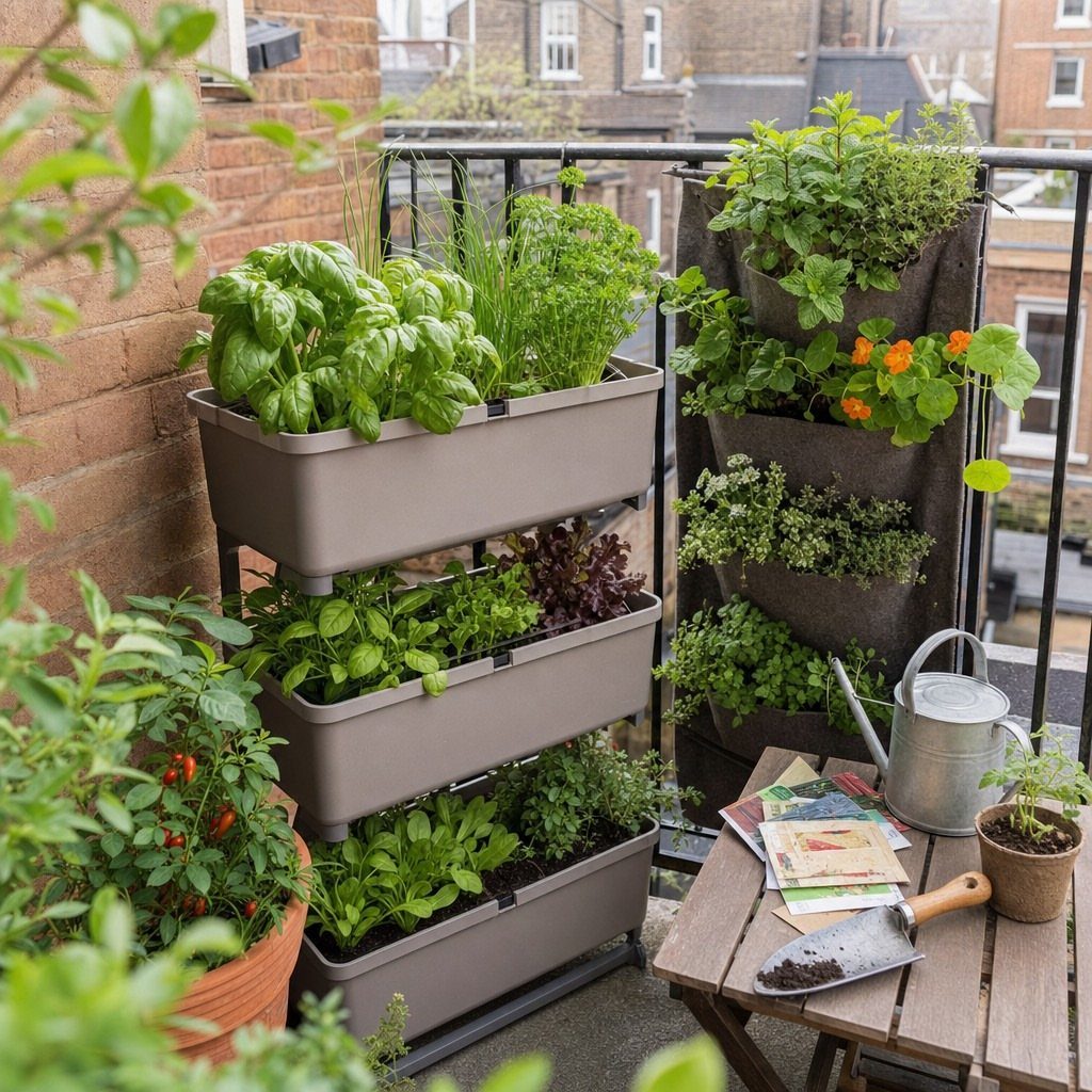 Tiered grey planter boxes and vertical wall pockets filled with herbs on a balcony.
