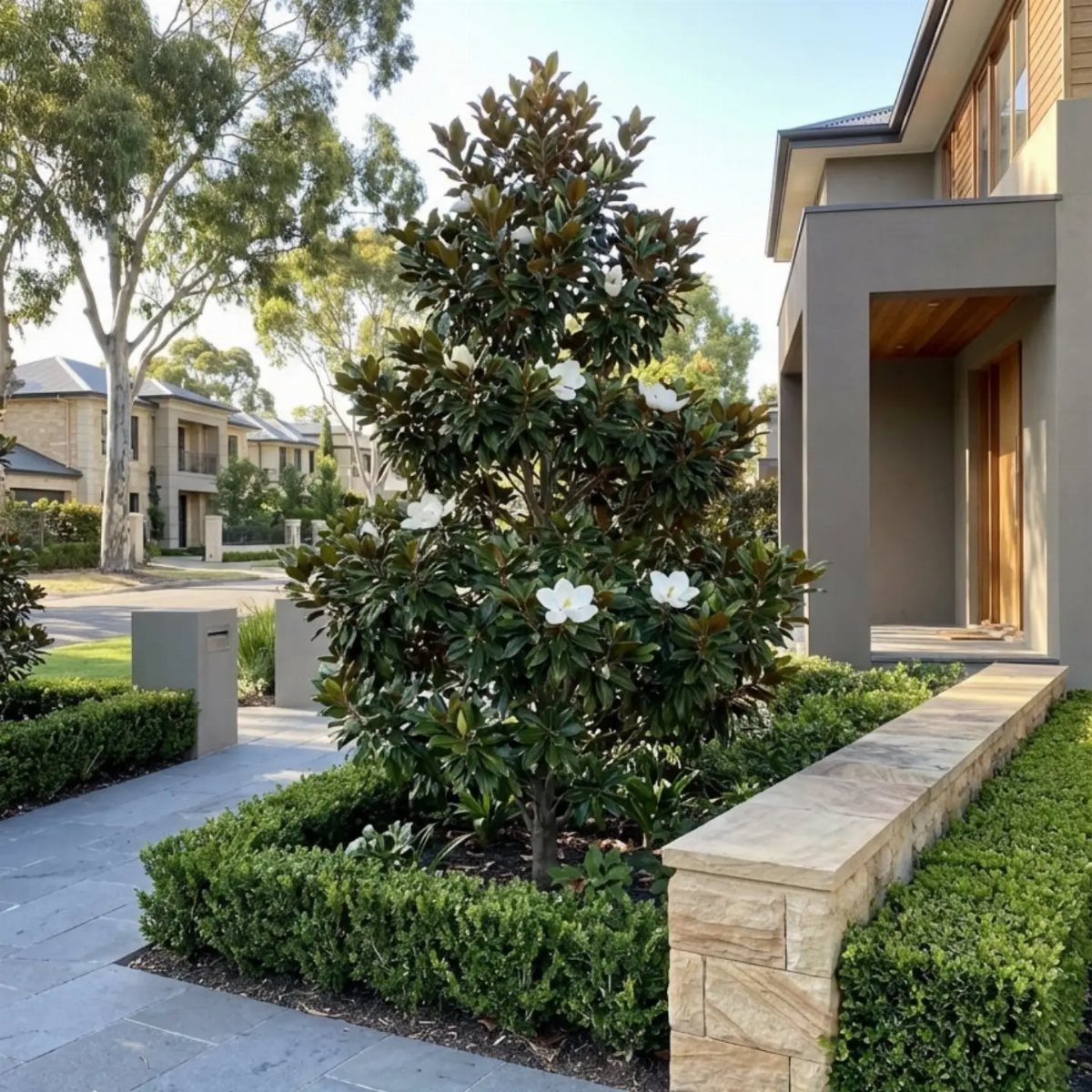 Small magnolia tree with white flowers in a modern front yard landscape.