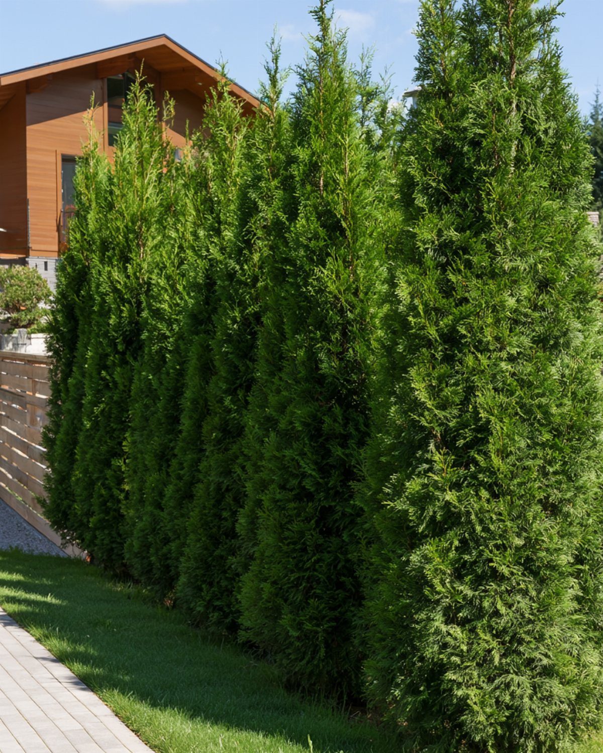 Small Trees for Landscaping: 17 Flowering and Evergreen Picks 14 Row of tall green Emerald Arborvitae trees forming a privacy screen by a house.