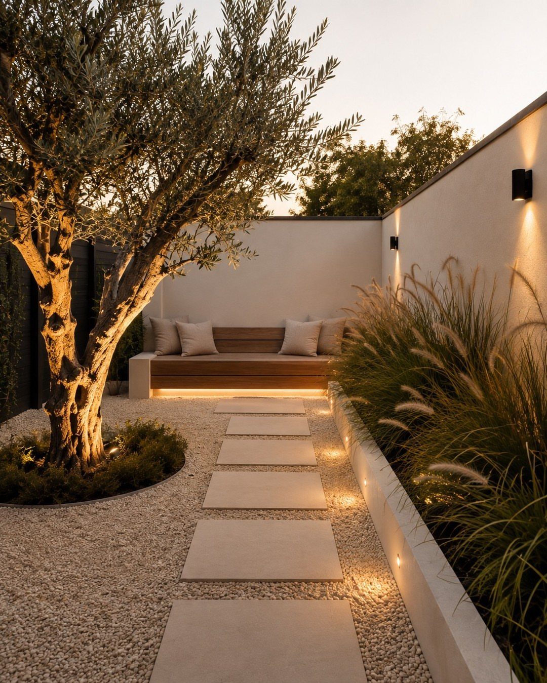 Small Trees for Landscaping: 17 Flowering and Evergreen Picks 16 Olive tree in a modern courtyard with stone pavers and a wooden bench.