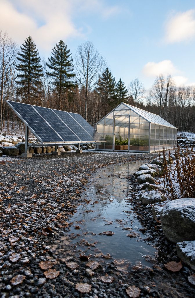 Greenhouse and nearby solar panels beneath a clear winter sky