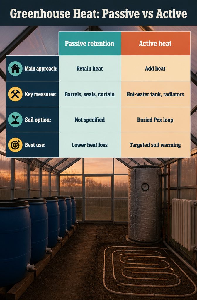 Greenhouse heat diagram comparing water barrels and night curtains with electric heaters