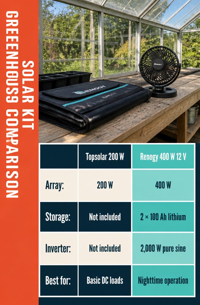 Greenhouse solar kit comparison showing panels batteries and portable power equipment