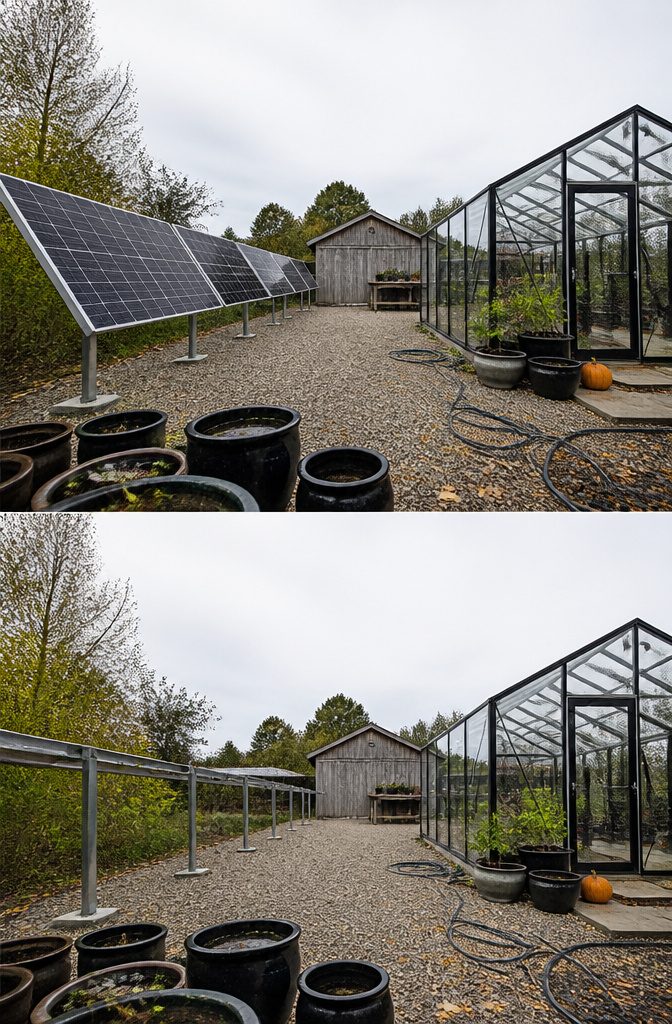 Ground-mounted solar panels beside a greenhouse with plants visible through the glazing