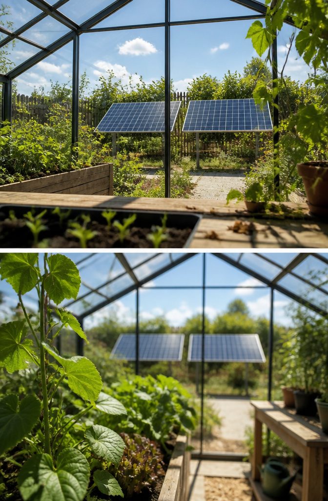 Solar panel array beside a greenhouse with an unobstructed transparent roof
