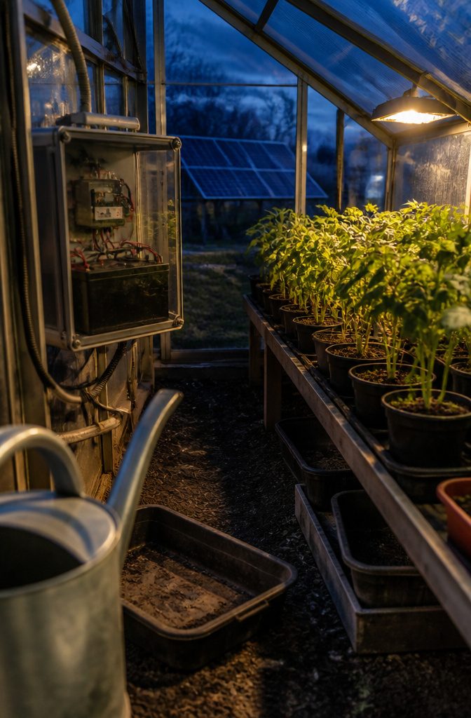 Battery and controller beside a fan and frost-sensitive plants in a greenhouse